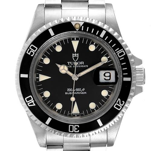 The image shows a frontal view of the Tudor Submariner 79090 Men's Stainless Steel Black Dial 79090 Men's Stainless Steel Black Dial watch, featuring the dial, hands, bezel, and bracelet.