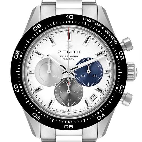 The image shows a front view of the Zenith Chronomaster 03.3100.3600 Men's Stainless Steel White Dial 03.3100.3600 Men's Stainless Steel White Dial El Primero, highlighting its dial, bezel, and chronograph subdials.