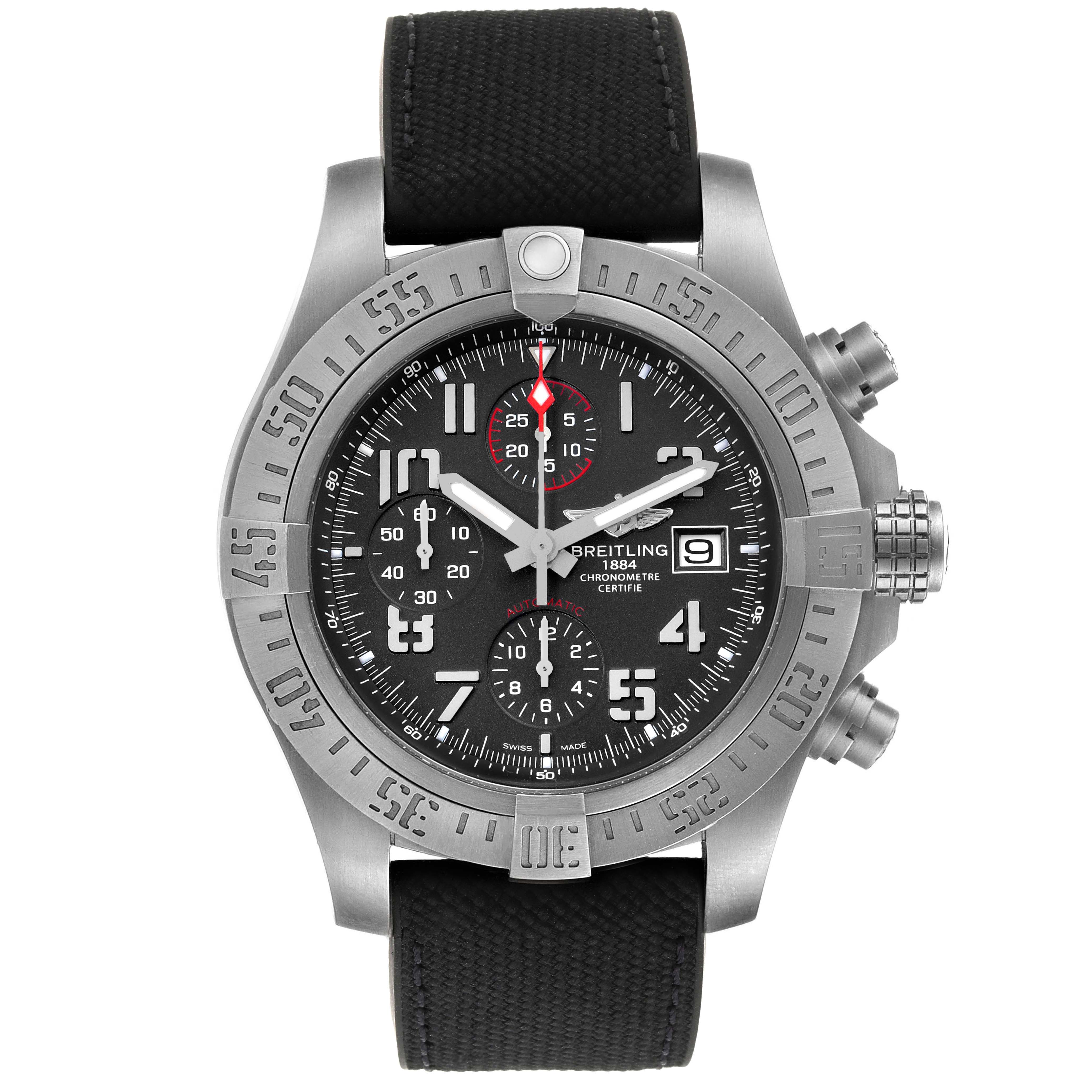 This Breitling Avenger E1338310/M536-109W Men's Titanium Grey Dial E1338310/M536-109W Men's Titanium Grey Dial watch is shown from the front, displaying the face, strap, and bezel.