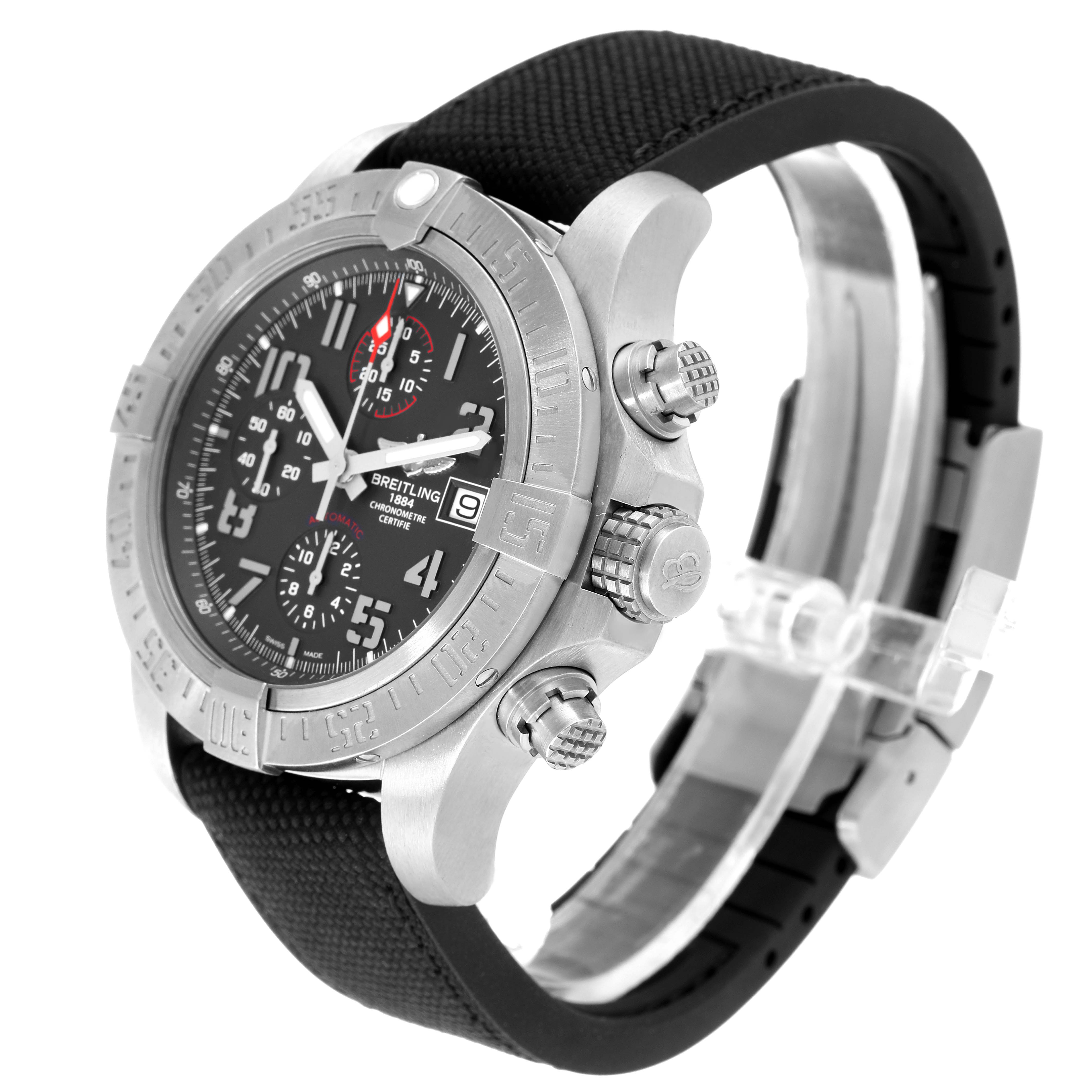 The image shows a Breitling Avenger E1338310/M536-109W Men's Titanium Grey Dial E1338310/M536-109W Men's Titanium Grey Dial watch at a three-quarter angle, highlighting its bezel, dial, crown, and strap.