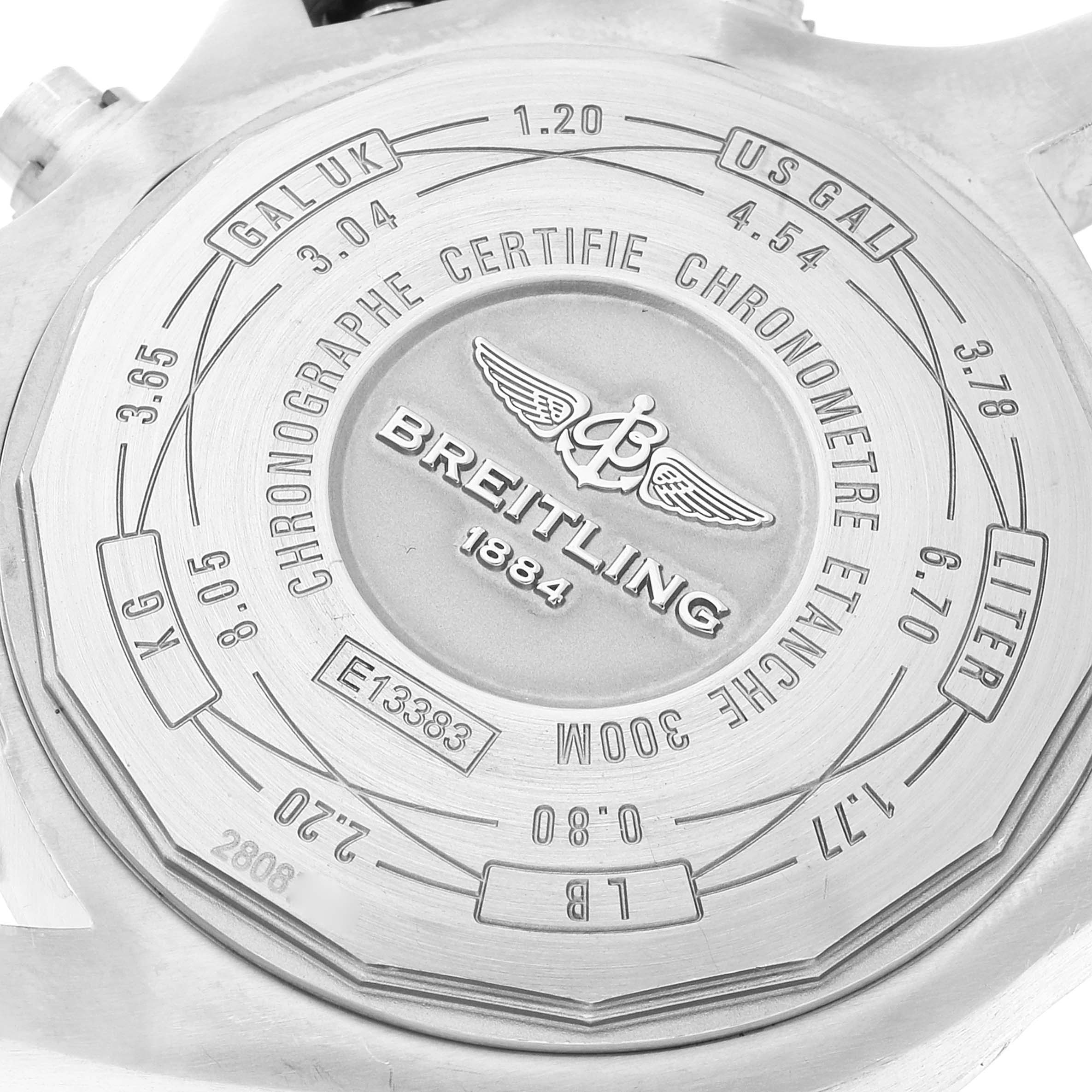This image shows the engraved case back of the Breitling Avenger E1338310/M536-109W Men's Titanium Grey Dial E1338310/M536-109W Men's Titanium Grey Dial watch, highlighting the brand, model, and specifications.
