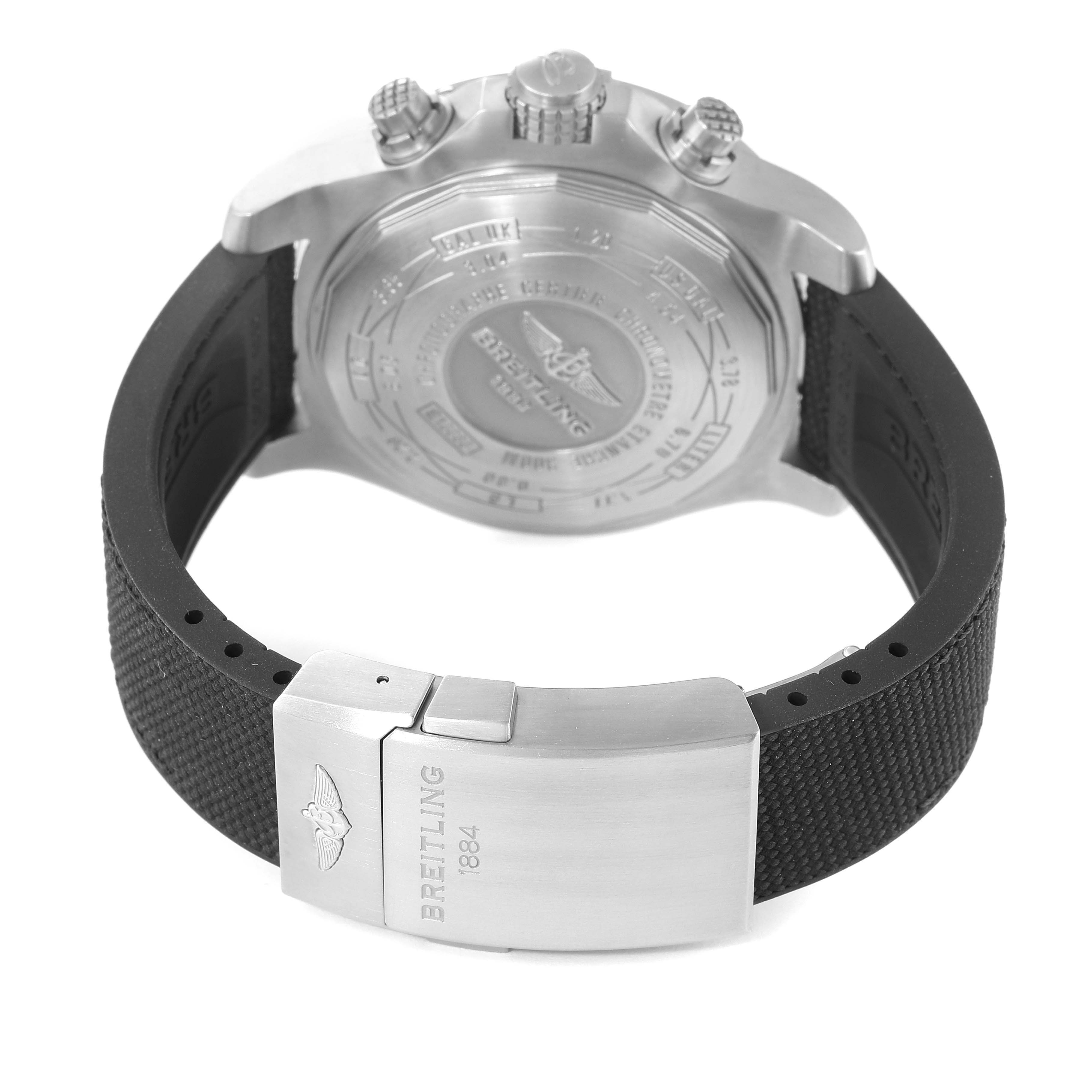 The image shows the back of the Breitling Avenger E1338310/M536-109W Men's Titanium Grey Dial E1338310/M536-109W Men's Titanium Grey Dial watch, focusing on the case back, crown, and black strap with the clasp.