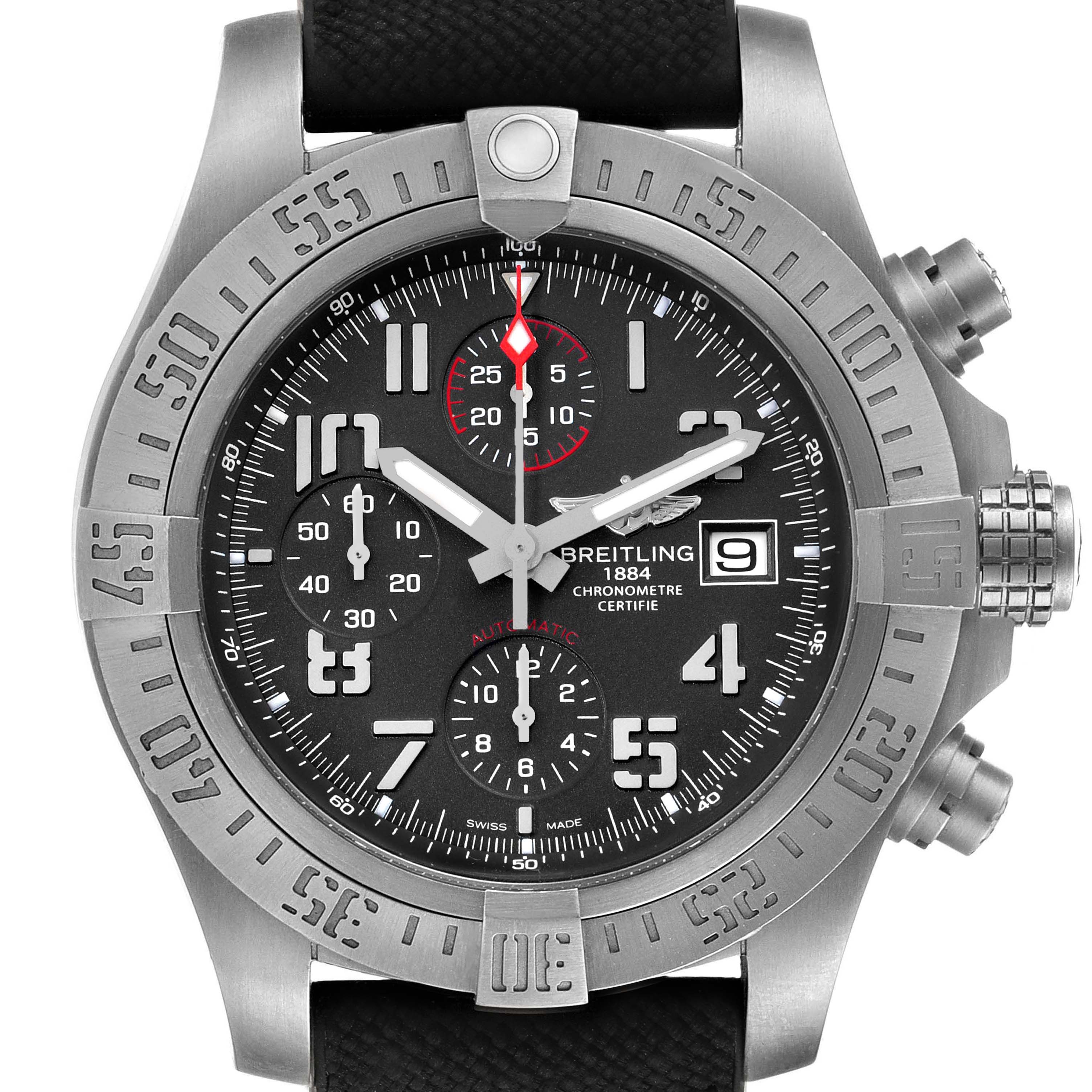 This image shows a front view of the Breitling Avenger E1338310/M536-109W Men's Titanium Grey Dial E1338310/M536-109W Men's Titanium Grey Dial watch, highlighting its dial, bezel, and chronograph buttons.