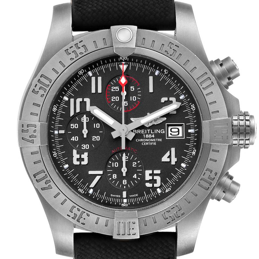 This image shows a front view of the Breitling Avenger E1338310/M536-109W Men's Titanium Grey Dial E1338310/M536-109W Men's Titanium Grey Dial watch, highlighting its dial, bezel, and chronograph buttons.