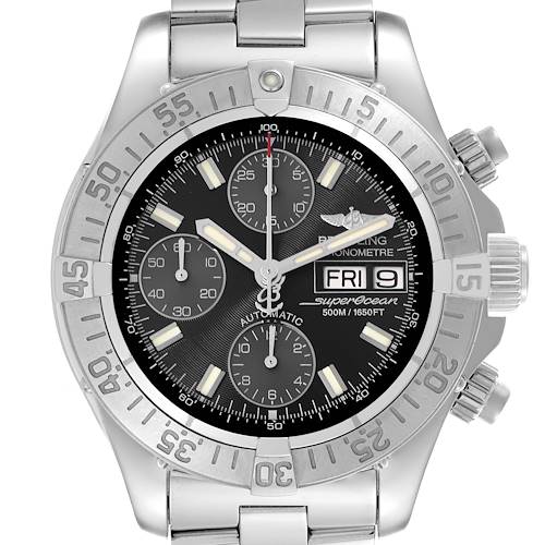 The Breitling Superocean model A13340 men's watch is shown from a front angle, displaying the dial, bezel, and chronograph features clearly.
