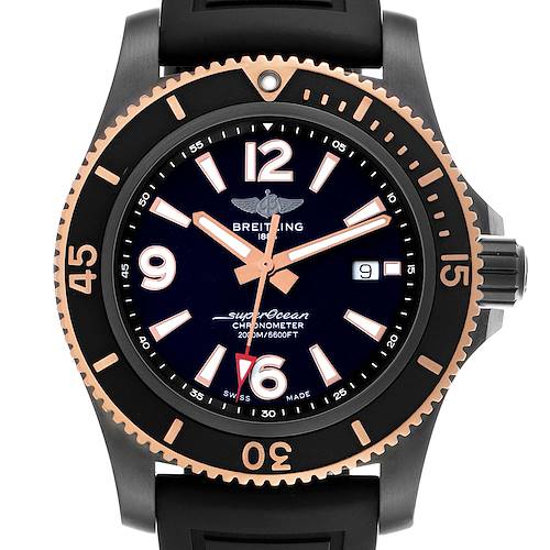 The Breitling Superocean model U17368 men's watch is shown from a front angle, highlighting the bezel, dial, hands, and strap.
