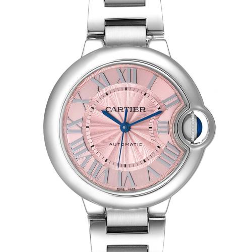 The image shows a front view of the Cartier Ballon Bleu W6920100 Women's Stainless Steel Pink Dial W6920100 Women's Stainless Steel Pink Dial watch, featuring a pink dial, blue hands, and a steel bracelet.