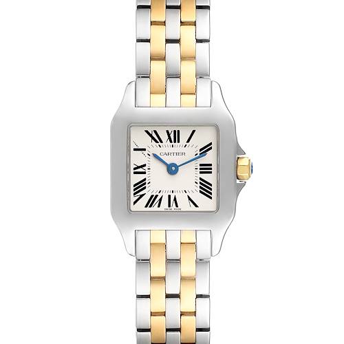 The image shows a front view of the Cartier Santos Demoiselle W25066Z6 Women's Stainless Steel Silver Dial W25066Z6 Women's Stainless Steel Silver Dial watch, highlighting its two-tone bracelet and square face with Roman numerals.