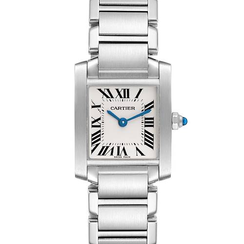 The image shows a front view of a Cartier Tank Française watch, highlighting its face, bezel, and bracelet.
