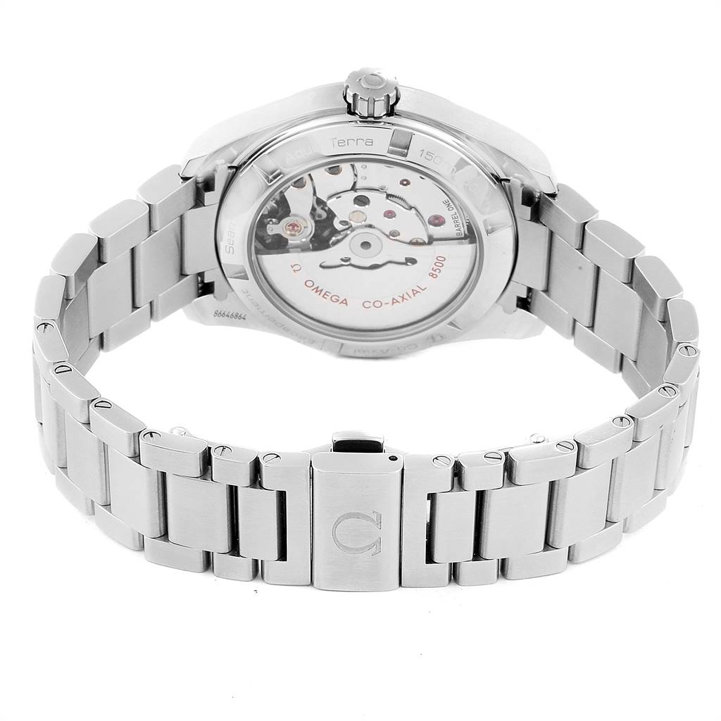 The image shows the back view of an Omega Aqua Terra 231.10.39.21.54.001 Men's Stainless Steel White Dial 231.10.39.21.54.001 Men's Stainless Steel White Dial watch, highlighting the visible mechanism and metal bracelet.