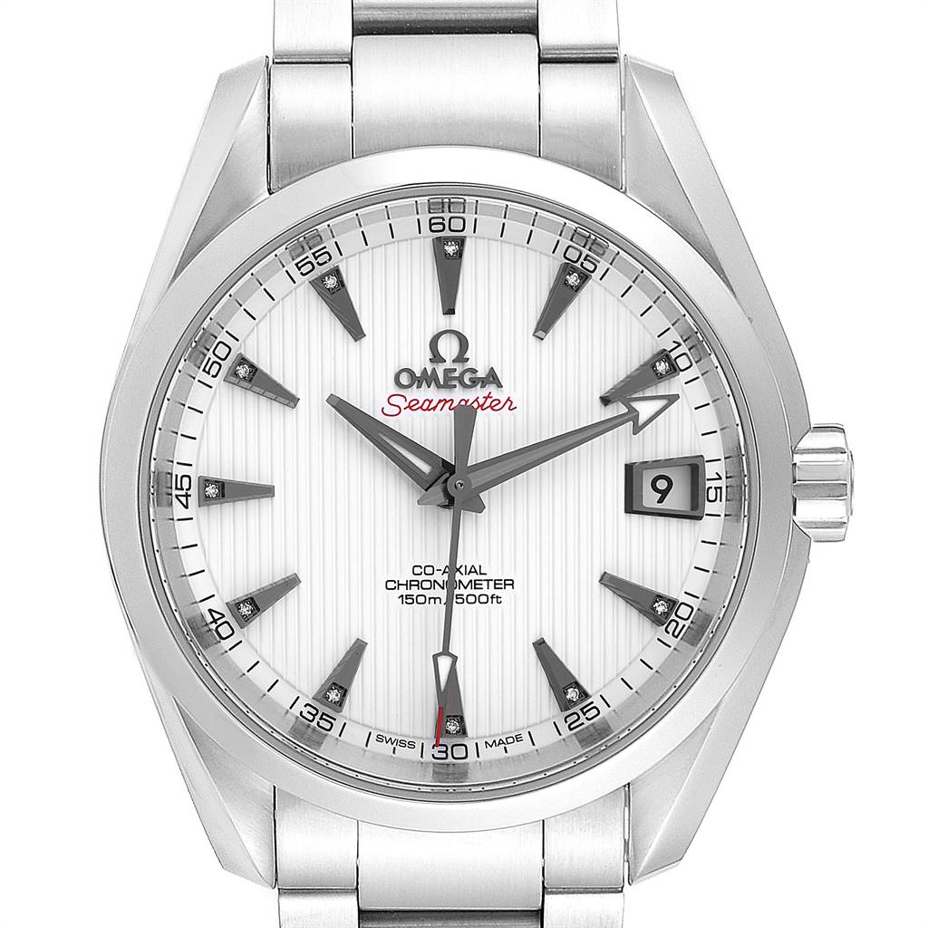 The image shows a front view of the Omega Aqua Terra 231.10.39.21.54.001 Men's Stainless Steel White Dial 231.10.39.21.54.001 Men's Stainless Steel White Dial Seamaster watch, highlighting the dial, hands, date display, and bracelet.
