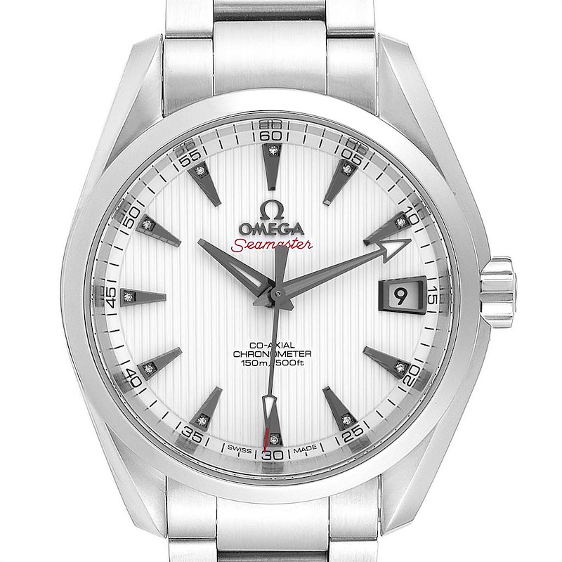 The image shows a front view of the Omega Aqua Terra 231.10.39.21.54.001 Men's Stainless Steel White Dial 231.10.39.21.54.001 Men's Stainless Steel White Dial Seamaster watch, highlighting the dial, hands, date display, and bracelet.