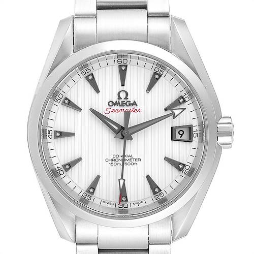 The image shows a front view of the Omega Aqua Terra 231.10.39.21.54.001 Men's Stainless Steel White Dial 231.10.39.21.54.001 Men's Stainless Steel White Dial Seamaster watch, highlighting the dial, hands, date window, and bracelet.
