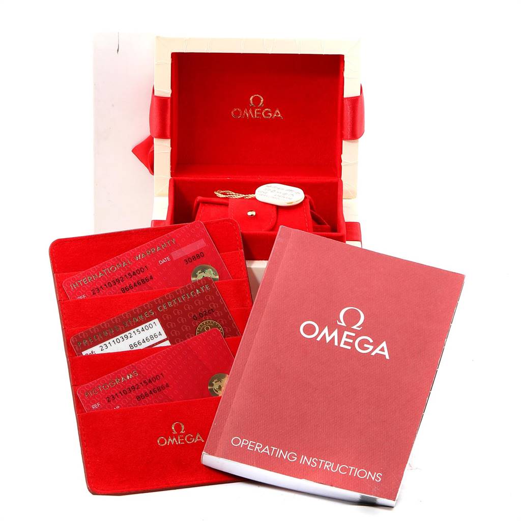 The image shows the box, warranty cards, certificate, and operating instructions for the Omega Aqua Terra 231.10.39.21.54.001 Men's Stainless Steel White Dial 231.10.39.21.54.001 Men's Stainless Steel White Dial model.