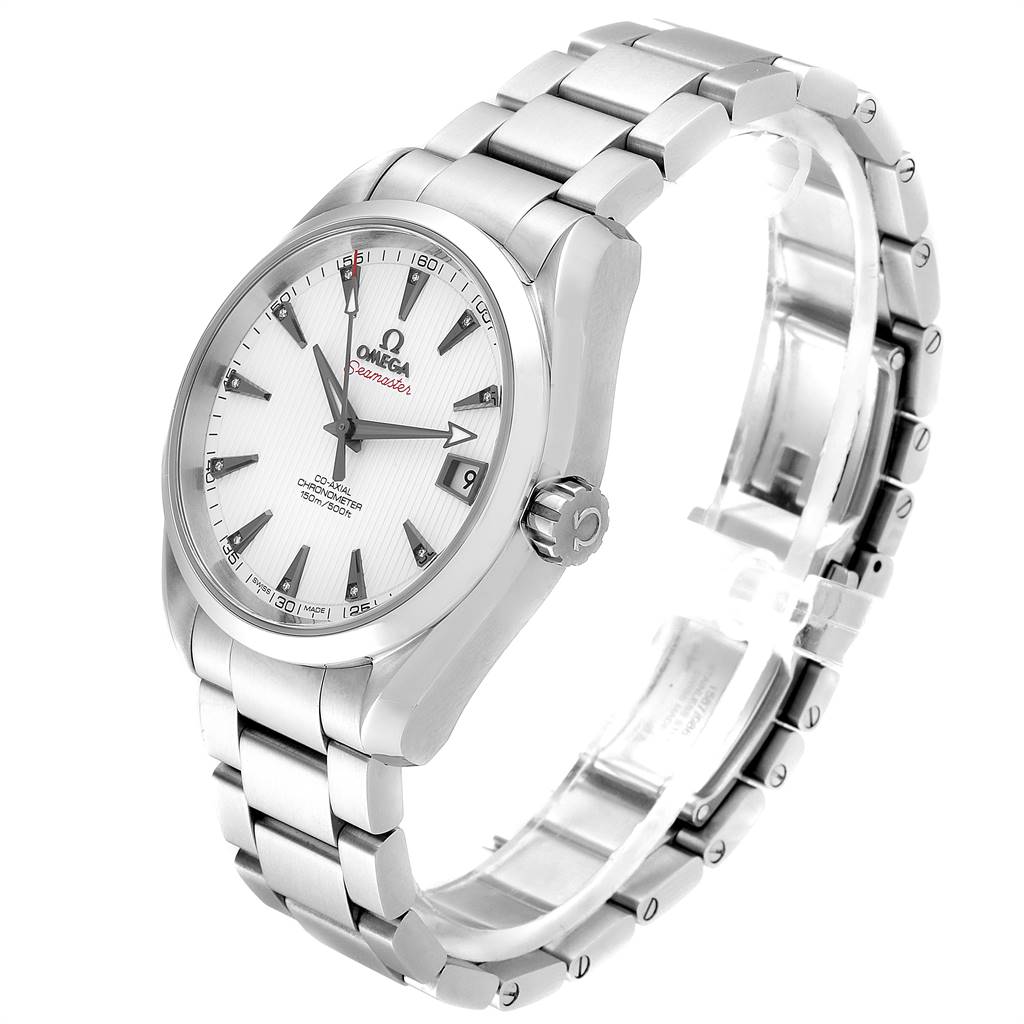 The image shows an Omega Aqua Terra 231.10.39.21.54.001 Men's Stainless Steel White Dial 231.10.39.21.54.001 Men's Stainless Steel White Dial watch at a three-quarter angle, highlighting the face, bezel, crown, and metal bracelet.