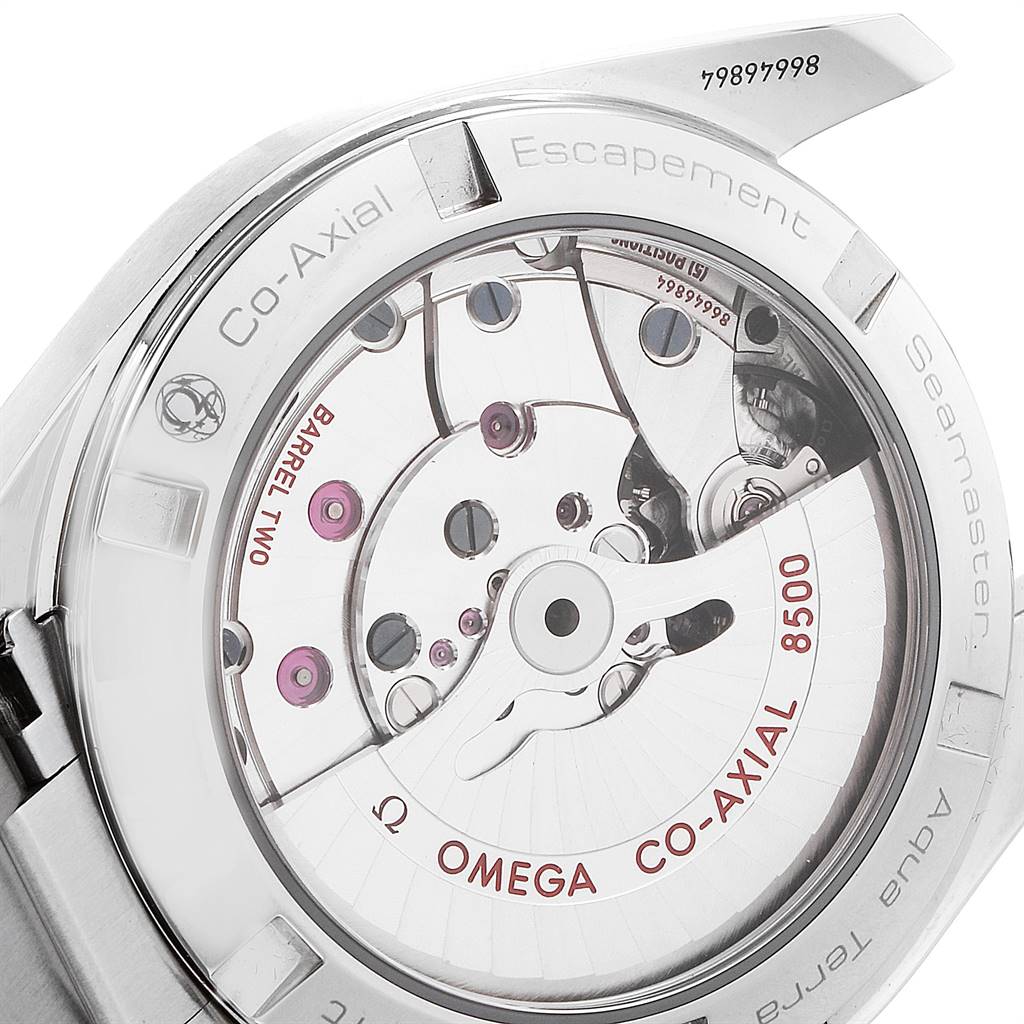 The image shows the backside view of the Omega Aqua Terra 231.10.39.21.54.001 Men's Stainless Steel White Dial 231.10.39.21.54.001 Men's Stainless Steel White Dial watch, highlighting the Co-Axial 8500 movement.