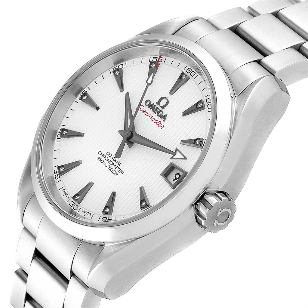 The Omega Aqua Terra 231.10.39.21.54.001 Men's Stainless Steel White Dial 231.10.39.21.54.001 Men's Stainless Steel White Dial watch is shown at an angle, highlighting the dial, crown, and metal bracelet.