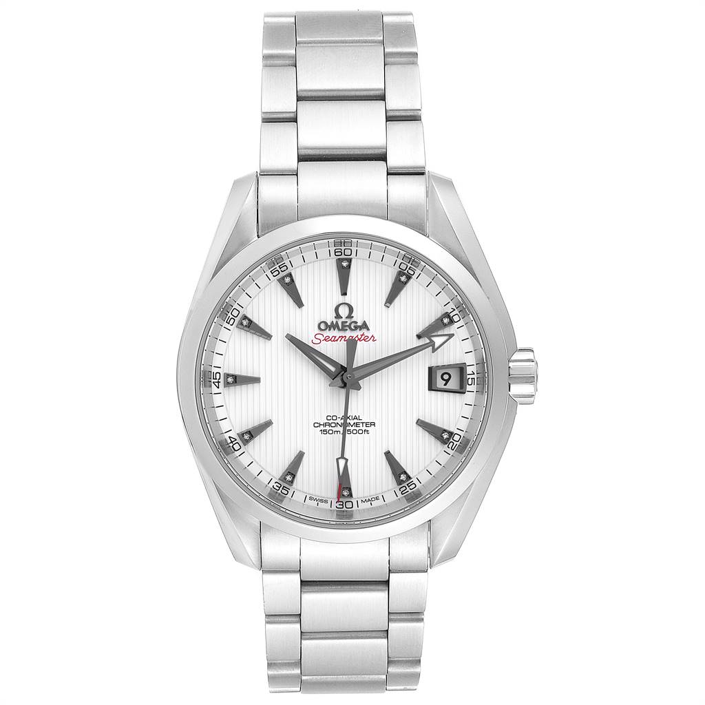 The image shows a front view of the Omega Aqua Terra 231.10.39.21.54.001 Men's Stainless Steel White Dial 231.10.39.21.54.001 Men's Stainless Steel White Dial watch, displaying the face, bracelet, and crown.