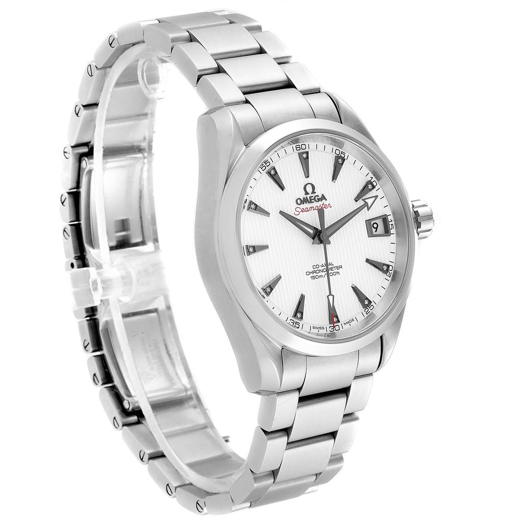 The image shows an Omega Aqua Terra 231.10.39.21.54.001 Men's Stainless Steel White Dial 231.10.39.21.54.001 Men's Stainless Steel White Dial watch at a three-quarter angle, displaying its face, bracelet, and crown.