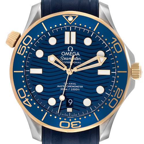 This image shows a frontal view of an Omega Seamaster 210.22.42.20.03.001 Men's Steel and Gold (two tone) Blue Dial 210.22.42.20.03.001 Men's Steel and Gold (two tone) Blue Dial watch, highlighting its blue dial, gold accents, and rubber strap.