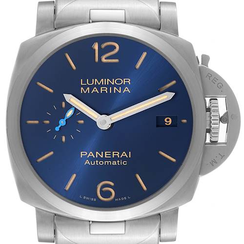 The image shows a front view of a Panerai Luminor PAM01028 Men's Stainless Steel Blue Dial PAM01028 Men's Stainless Steel Blue Dial Marina watch with a blue dial and metal bracelet.