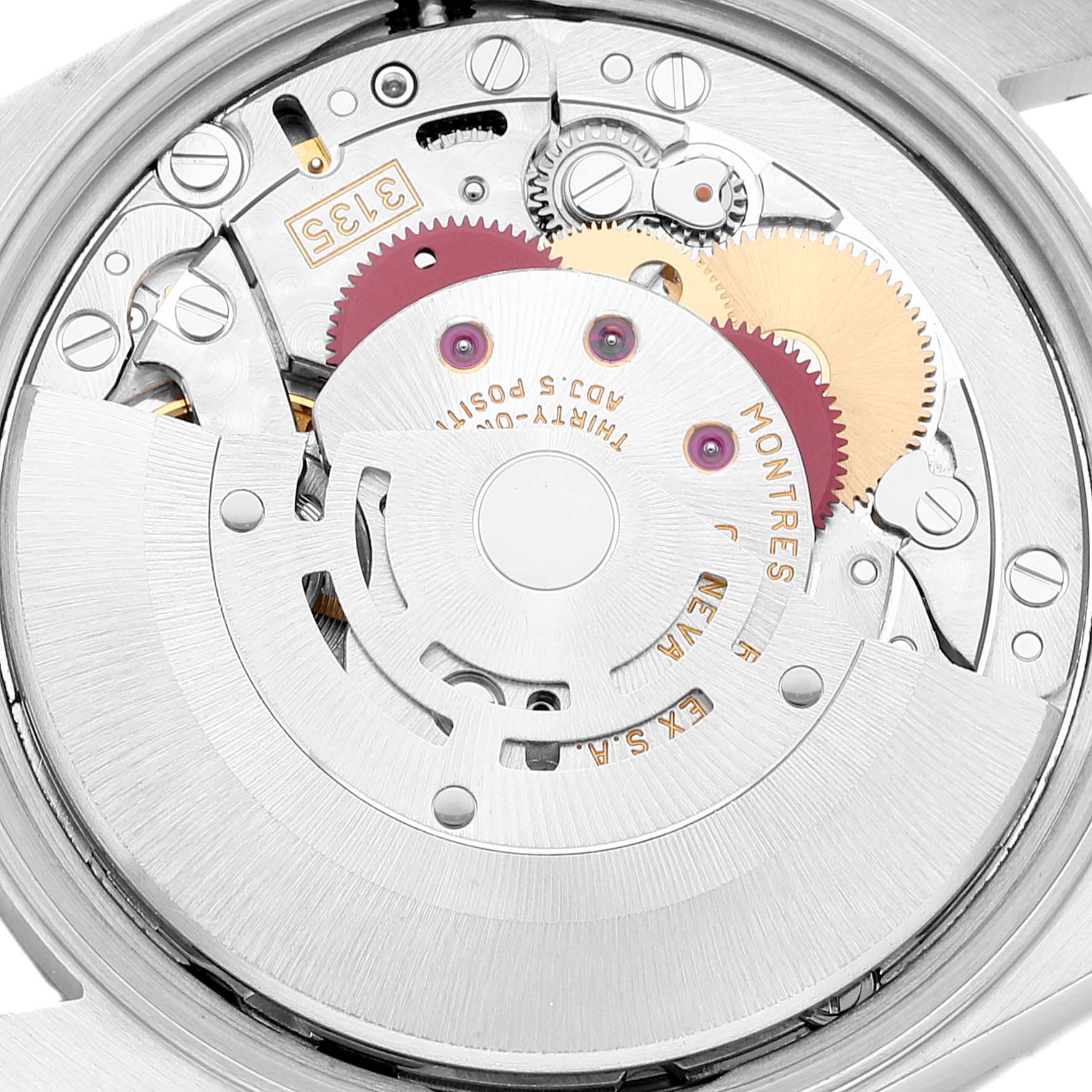 This image shows the intricate internal mechanical movement of a Rolex Date 15210 Men's Stainless Steel Black Dial 15210 Men's Stainless Steel Black Dial watch, highlighting the gears and rotor.