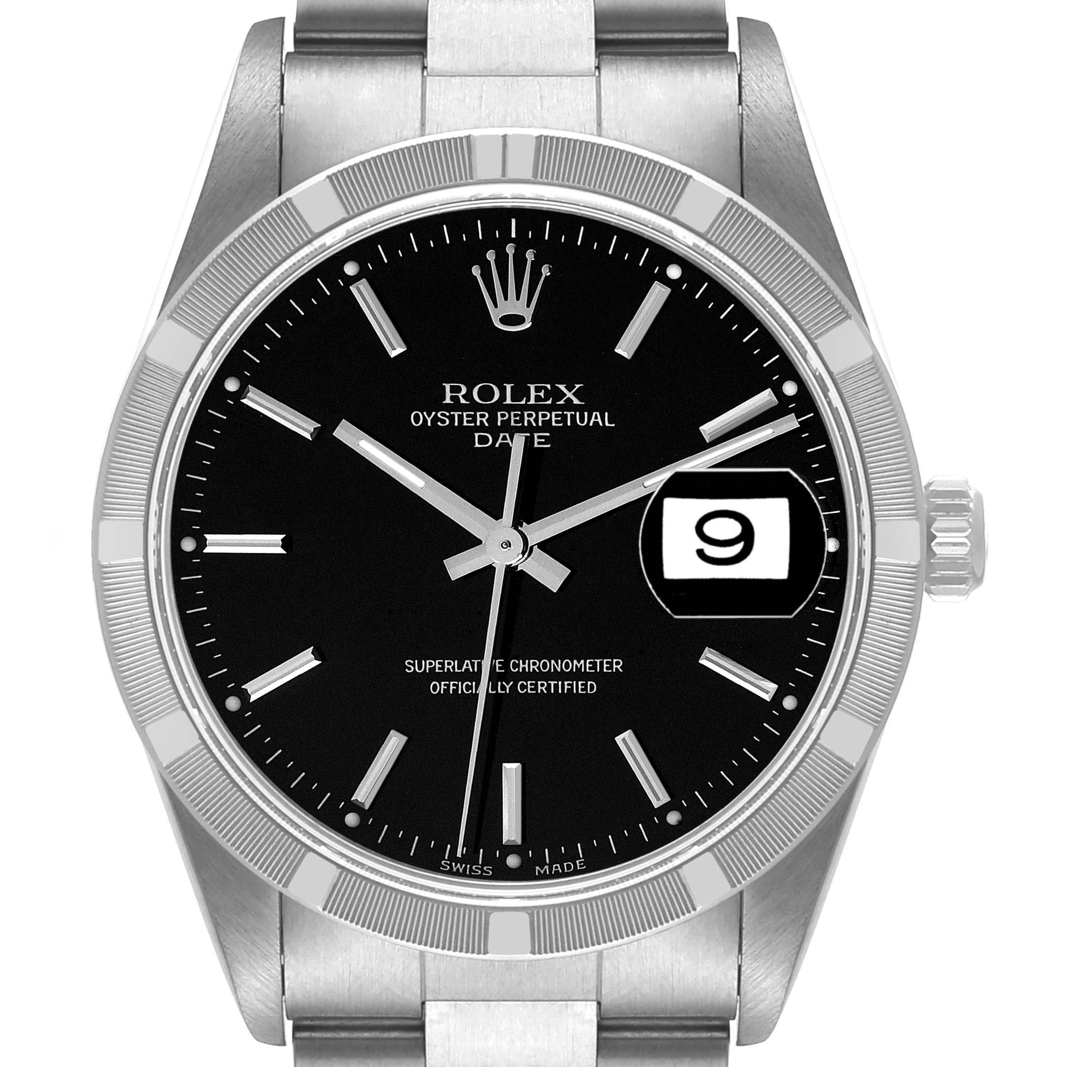 The image shows a front view of a Rolex Oyster Perpetual Date watch, highlighting the dial, hour markers, hands, and date window.