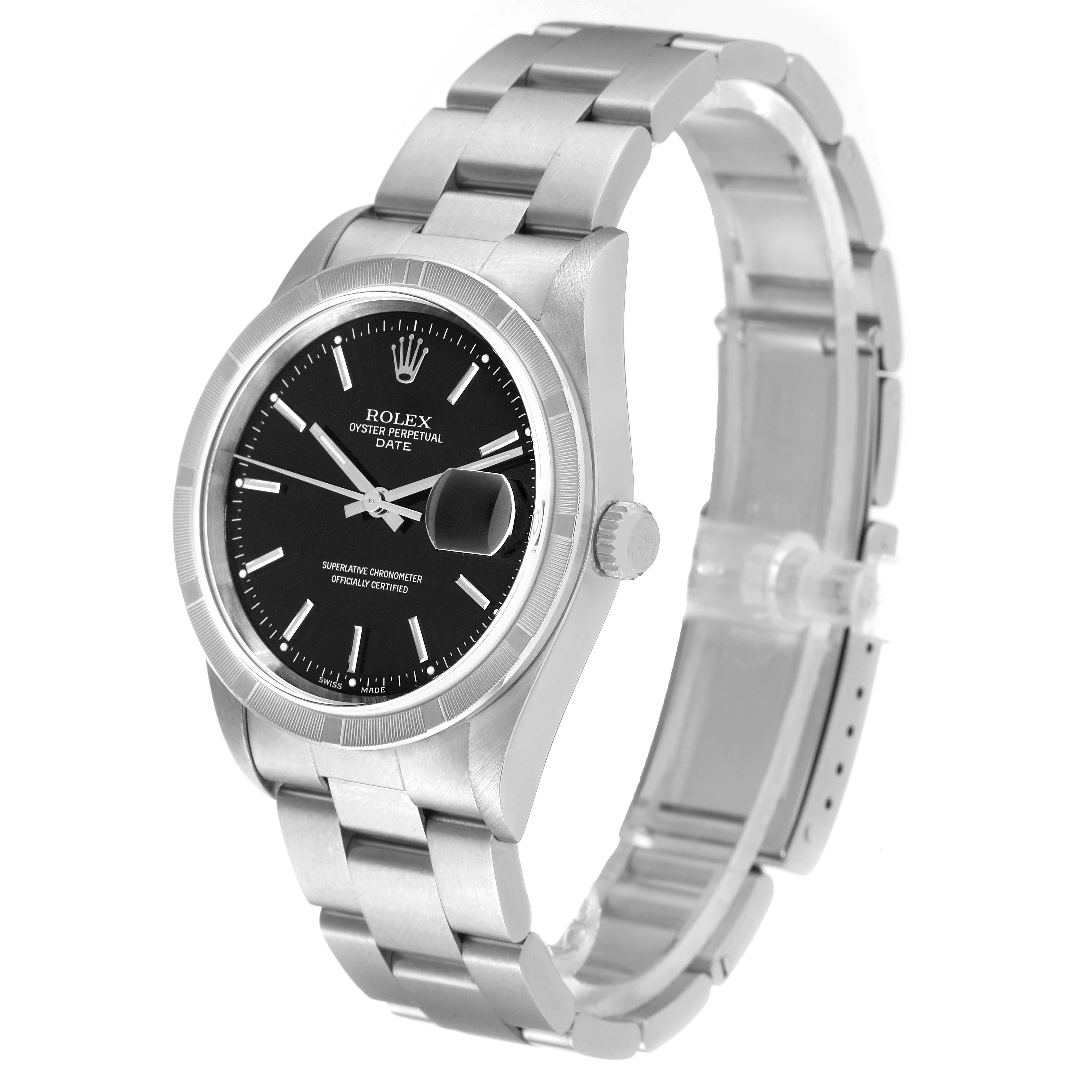 The image shows a Rolex Date 15210 Men's Stainless Steel Black Dial 15210 Men's Stainless Steel Black Dial model watch angled slightly from the right, displaying the face, bezel, crown, and part of the bracelet.