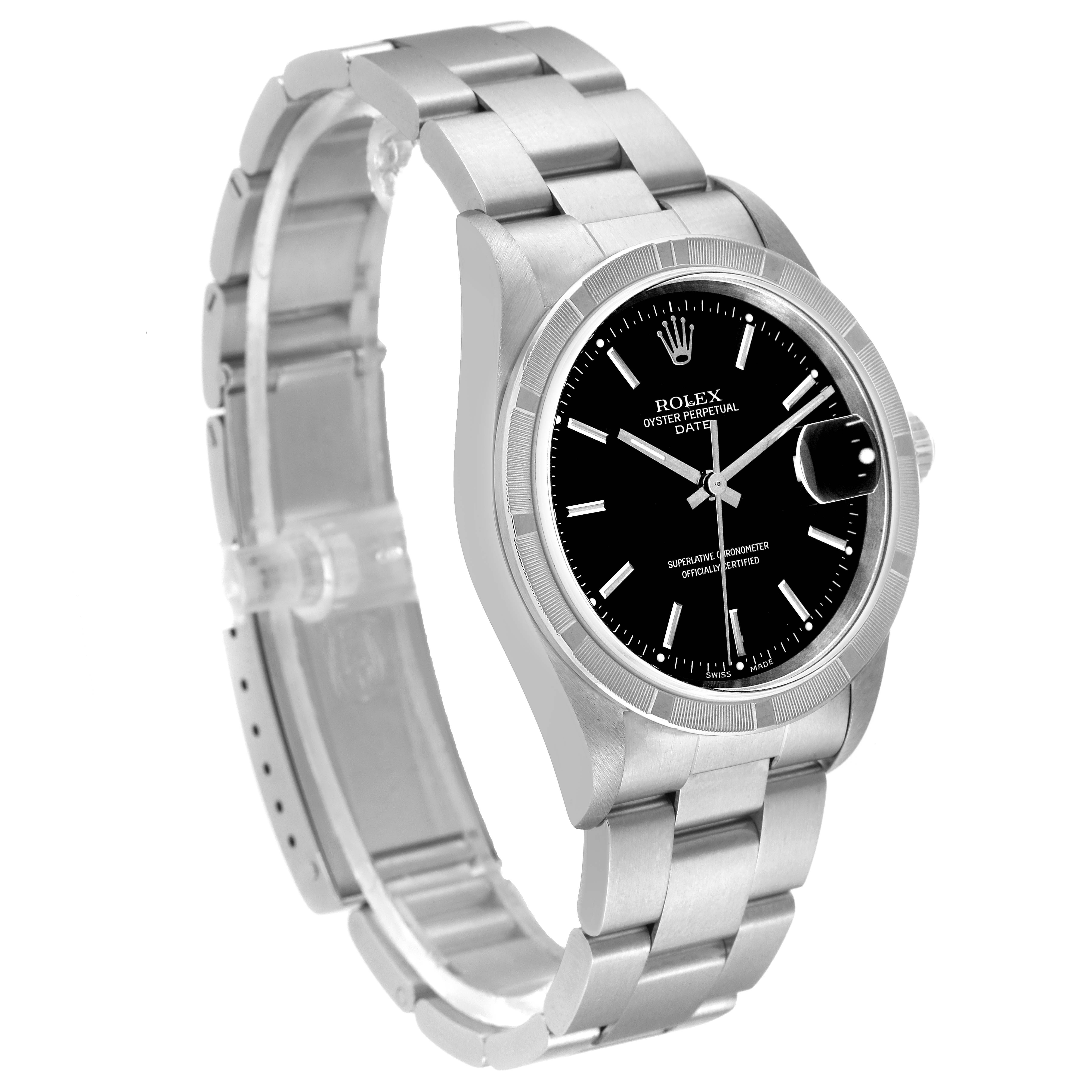 The watch shown is a Rolex Date 15210 Men's Stainless Steel Black Dial 15210 Men's Stainless Steel Black Dial model, viewed at an angle highlighting the dial, bezel, and bracelet.