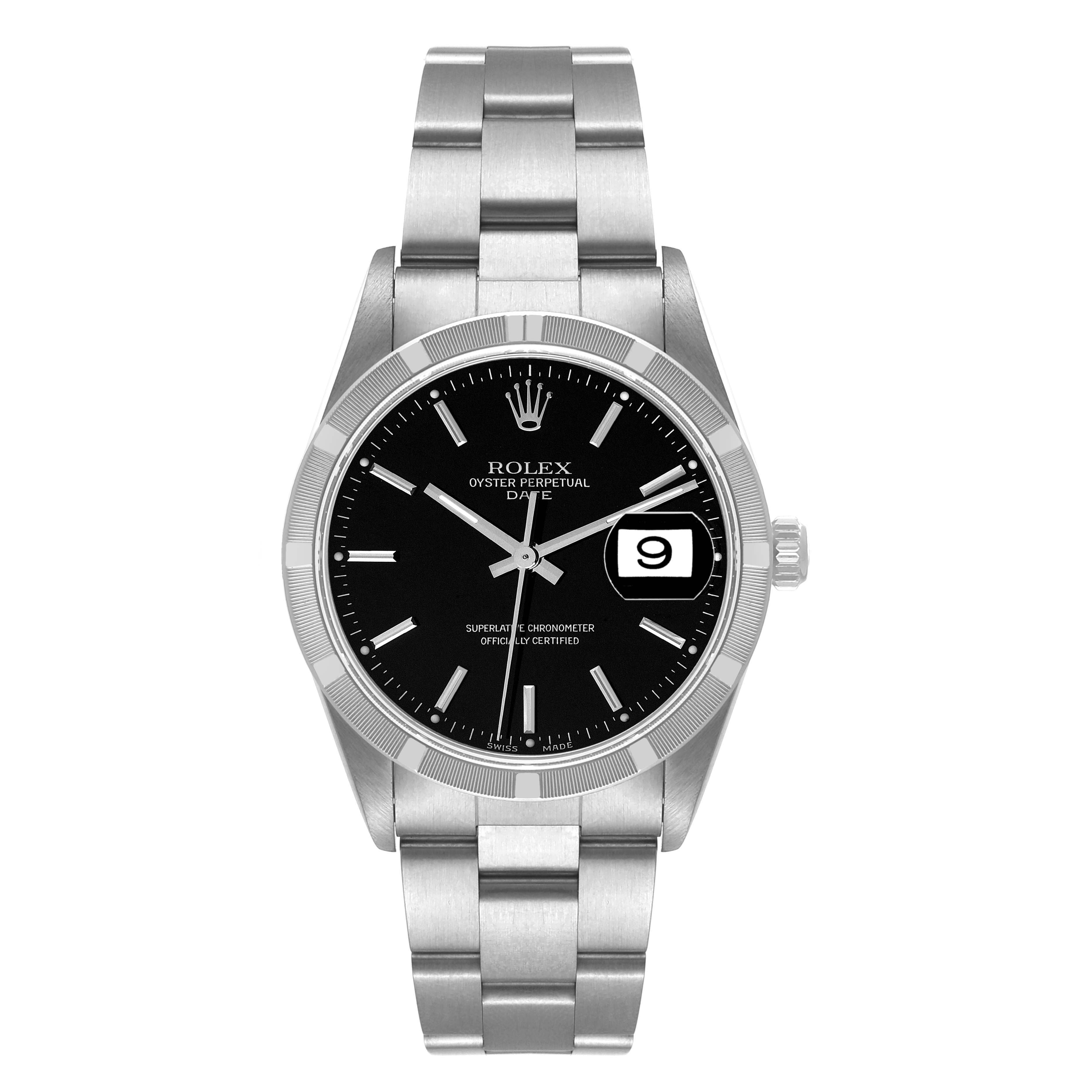 This is a front view of a Rolex Oyster Perpetual Date watch, showcasing the dial, date window, and stainless steel bracelet.