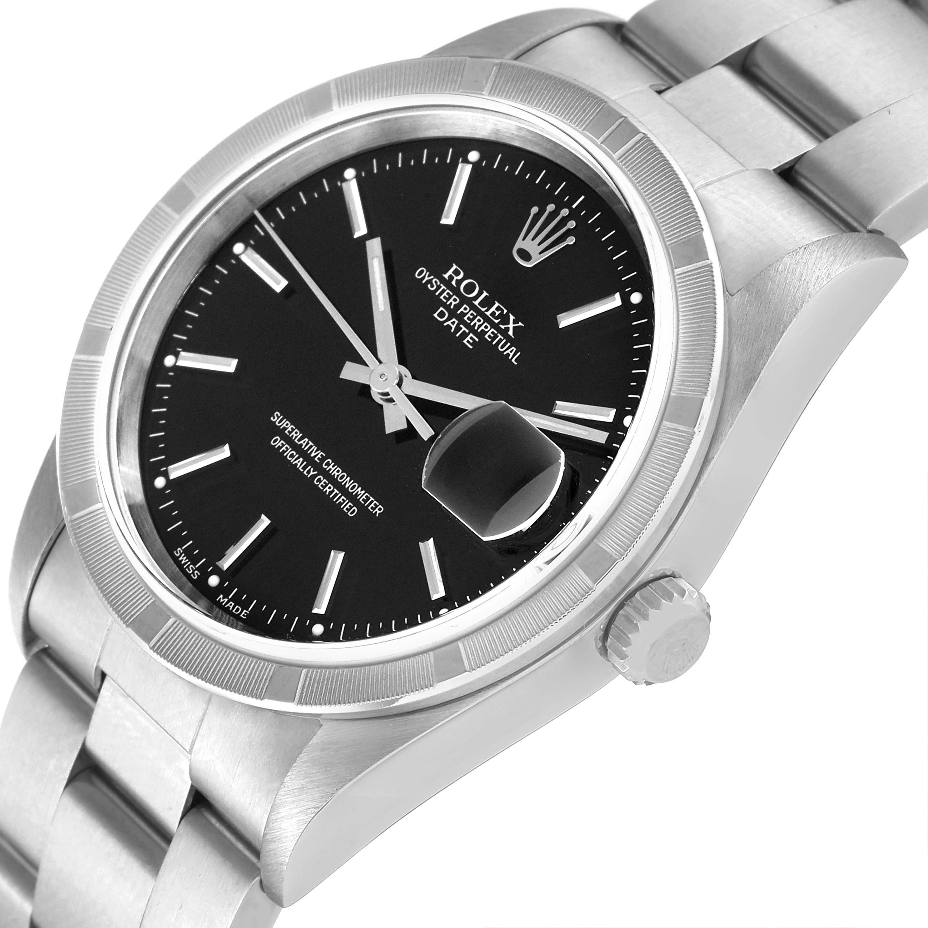 The image shows a Rolex Date 15210 Men's Stainless Steel Black Dial 15210 Men's Stainless Steel Black Dial model watch from an angled perspective, highlighting the dial, bezel, crown, and part of the bracelet.