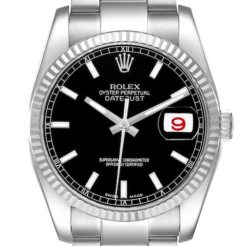 The Rolex Datejust 116234 Men's Stainless Steel Black Dial watch is shown from the front, highlighting the dial, bezel, and part of the bracelet.