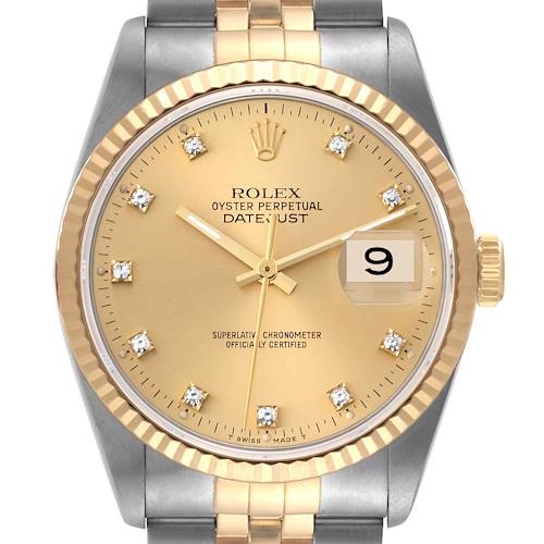 This image shows a close-up of the Rolex Datejust 16233 Men's Steel and Gold (two tone) Champagne Dial 16233 Men's Steel and Gold (two tone) Champagne Dial watch, displaying the gold dial, markers, date, bezel, and part of the bracelet.
