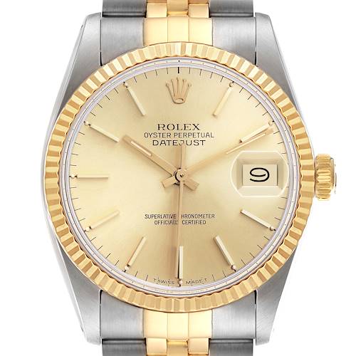 The Rolex Datejust model 16013 is shown from a frontal angle, highlighting the dial, fluted bezel, and two-tone bracelet.