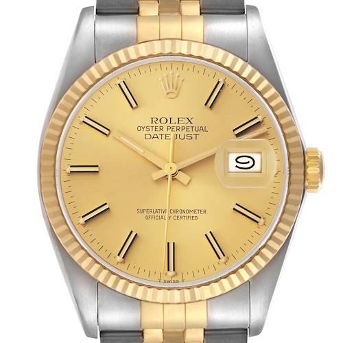 The image shows a Rolex Vintage Collection model 16013 men's watch from the front, highlighting its gold dial, fluted bezel, hands, markers, and part of the bracelet.