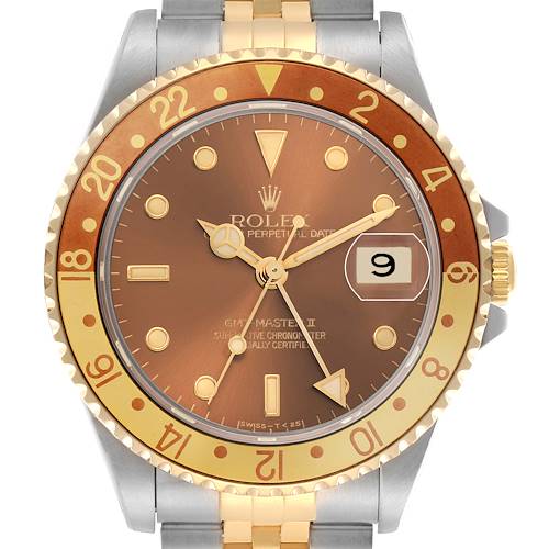 The image shows a front view of a Rolex GMT-Master model 16713 men's watch, featuring its bezel, dial with date, and part of the bracelet.