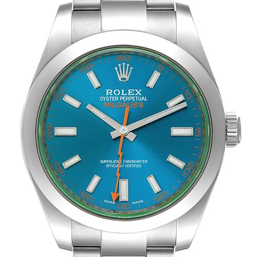 The image shows a front view of the Rolex Milgauss 116400GV Men's Stainless Steel Blue Dial 116400GV Men's Stainless Steel Blue Dial watch, highlighting its blue dial, orange accents, and stainless steel band.