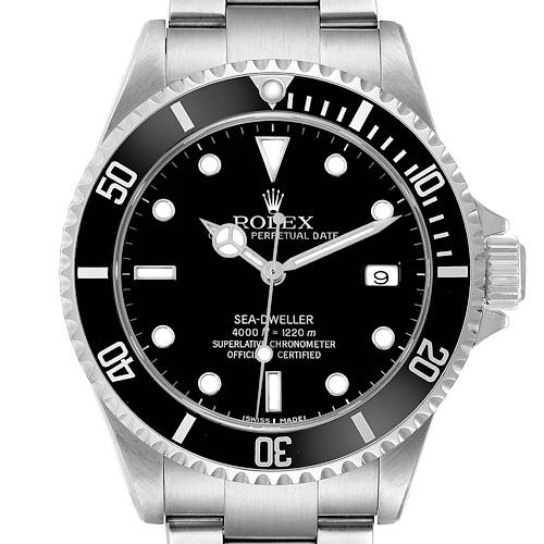 The image shows a front view of the Rolex Sea-Dweller model 16600, displaying the watch face, bezel, crown, and part of the bracelet.