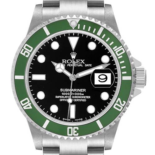 The image shows a front view of a Rolex Submariner 16610LV Men's Stainless Steel Black Dial 16610LV Men's Stainless Steel Black Dial watch, highlighting its green bezel, black dial, and date window at 3 o'clock.