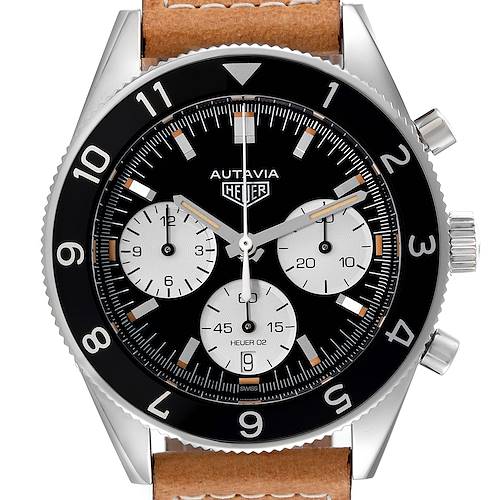 This image shows a frontal view of the Tag Heuer Autavia CBE2110 Men's Stainless Steel Black Dial CBE2110 Men's Stainless Steel Black Dial, displaying its dial, bezel, subdials, and crown.