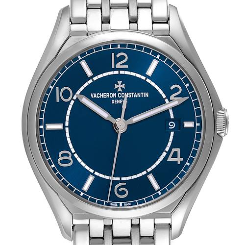 The image shows a front view of the Vacheron Constantin Fiftysix 4600E/110A-B487 Men's Stainless Steel Blue Dial 4600E/110A-B487 Men's Stainless Steel Blue Dial model, highlighting its blue dial, bracelet, and date display.