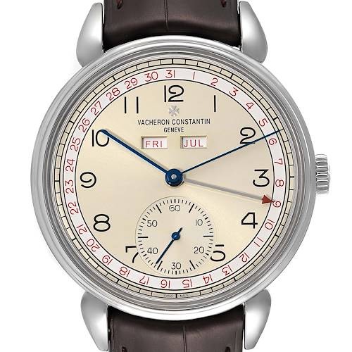 The image shows a front angle of a Vacheron Constantin Historiques 3110V/000A-B426 Men's Stainless Steel Silver Dial 3110V/000A-B426 Men's Stainless Steel Silver Dial watch, highlighting its dial, hands, and leather strap.
