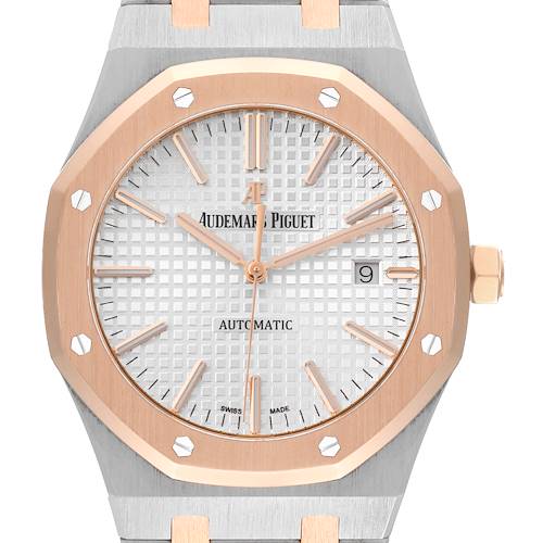 The image shows a frontal view of the Audemars Piguet Royal Oak 15000TR Men's Steel and Gold (two tone) Silver Dial 15000TR Men's Steel and Gold (two tone) Silver Dial watch, showcasing its octagonal bezel, dial, hands, and date window.