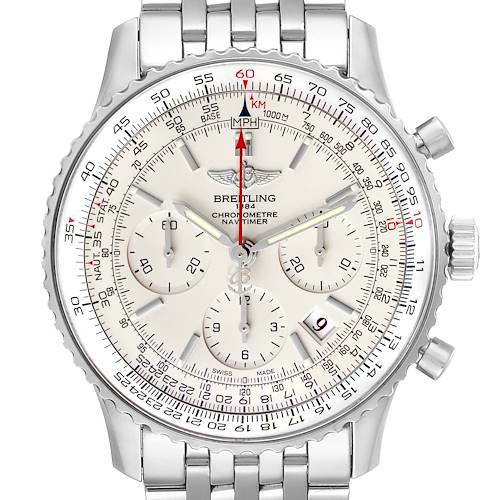 The image shows a frontal view of the Breitling Navitimer AB0123 Men's Stainless Steel Silver Dial AB0123 Men's Stainless Steel Silver Dial watch, displaying its dial, bezel, and stainless steel bracelet.