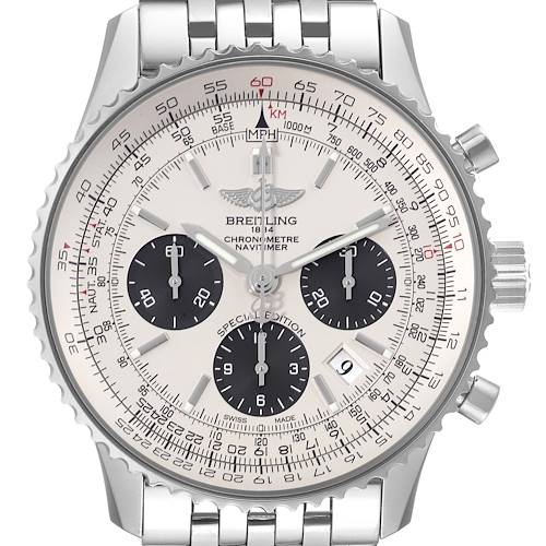 This image shows a front view of the Breitling Navitimer AB0120 Men's Stainless Steel Silver Dial AB0120 Men's Stainless Steel Silver Dial watch, featuring its dial, chronograph subdials, bezel, and bracelet.