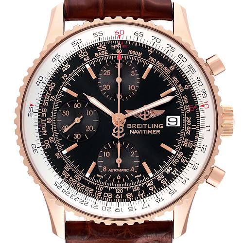 The Breitling Navitimer R13323 Men's Rose Gold Black Dial R13323 Men's Rose Gold Black Dial watch is shown from the front, highlighting the dial, bezel, chronograph subdials, and crown.
