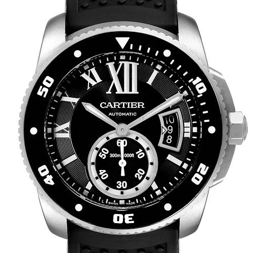 The image shows a front view of the Calibre de Cartier watch by Cartier, displaying the dial, bezel, and crown.