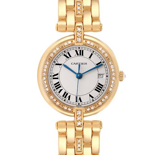 The image shows a front view of the Cartier Panthere model 884701FD men's watch, highlighting its gold bracelet, round case, diamond bezel, and Roman numeral dial.