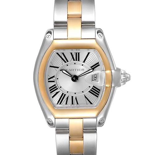 The image shows a front view of the Cartier Roadster W62026Y4 Women's Steel and Gold (two tone) Silver Dial W62026Y4 Women's Steel and Gold (two tone) Silver Dial watch, highlighting its dial, hands, crown, and bracelet.