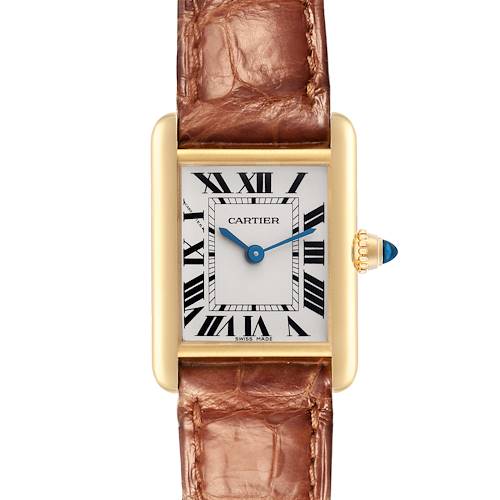 The image shows a frontal view of the Cartier Tank Louis model W1529856 men's watch, displaying its rectangular face, Roman numerals, and a brown leather strap.